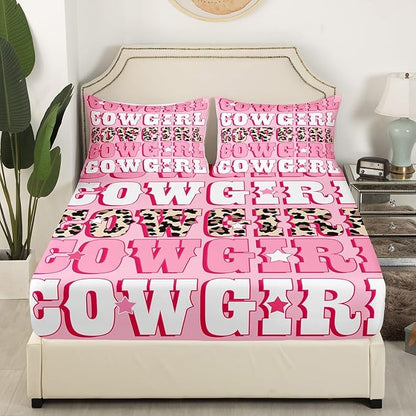 Western Cowgirl Fitted Sheet Queen Size Rustic Brown Leopard Fur Print Bedding Sheet Set,Tribal Cowgirl Texas Star Pink White Bed Cover Ultra Soft Breathable Bedding 3 Pcs