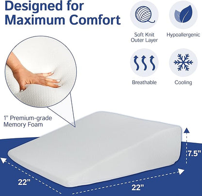 Bed Wedge Pillow With Memory Foam Top 7.5in - Ideal For Comfortable, Restful Sleeping - Wedge Pillow Neck & Back Pain Relief, Acid Reflux, Snoring, Heartburn, Allergies - Versatile & Washable Cover