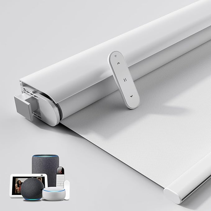 Grandekor No-Drill No Tools Motorized Blinds with Remote | 27x72 White Electric Blackout Smart Roller Shade/APP/Voice Control-for Home Office, Living Room