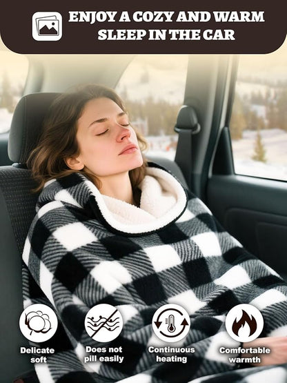 12V Car Heated Blanket 59"x39"Portable Heated Blanket for Travel with 4 Heating 4 Timing Settings Soft and Comfortable for Car SUV Camping（Black&White）