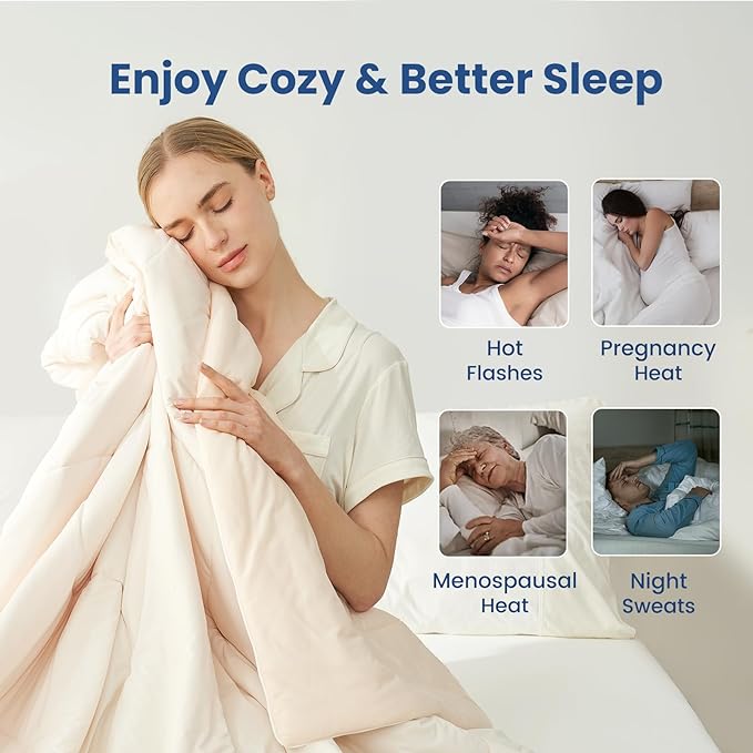Cozy Bliss x Sorona® Viscose Natural Fiber Cooling Comforter Queen Size, Reversible Silky Smooth Cooling Blanket with Q-Max＞0.45 for Hot Sleepers & Night Sweats, Ivory White, 90"x90"