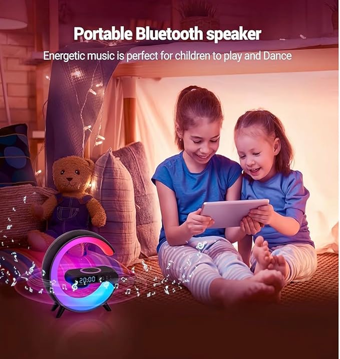 Treligate LED Table Lamp with Wireless Charger, Mini G Atmosphere Lamp with Bluetooth Speaker, Night Light Lamp Sunrise Alarm Clock, Smart Light Sound Machine, (White)