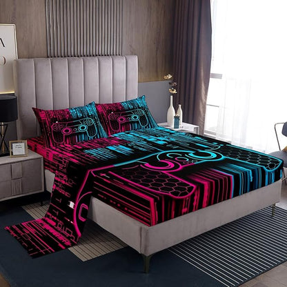 Videogames Gamepad Kids Sheet Full Size,3D Modern Gaming Controller Bedding Set,Boys Girls Room Decor,Neon Honeycomb Hexagon Geometric Pink Blue Bed Sheet Set 4pcs(Fitted + Flat + 2 Pillowcases)