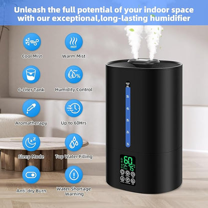 6L Humidifiers for Bedroom Large Room Home,Cool and Warm Humidifier for Baby and Plants Hot Mist Top Fill Desk Humidifiers Oil Diffuser,Quiet,Adjustable Mist,360°Nozzle-Black(2026 Upgraded)