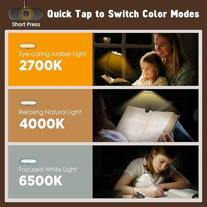 Clip-On Book Light for Reading at Night -Rechargeable 14 LEDs with 3 Color Modes & Stepless Dimming Brightness, Eye-Care, USB-C Charging, 70-Hour Runtime, 360° Flexible Gooseneck