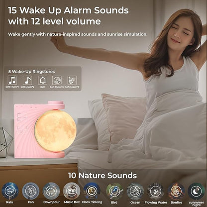 Sunrise Alarm Clock, Wake-Up Light Moon Lamp with Colourful Light Mode, 10 Fairy Sounds, 30/60/90 Timer & Dual Alarms for Girls/Teens, Cute Bedside Companion for Nursery/Kids Room (Blush Pink)