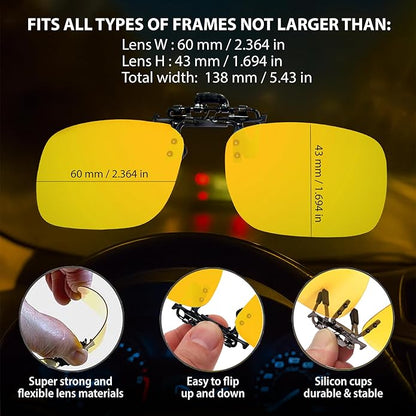 BLUE CUT Clip on Polarized Night vision Glasses Flip up Sunglasses UV-400 to Wear Over prescription Glasses for night driving