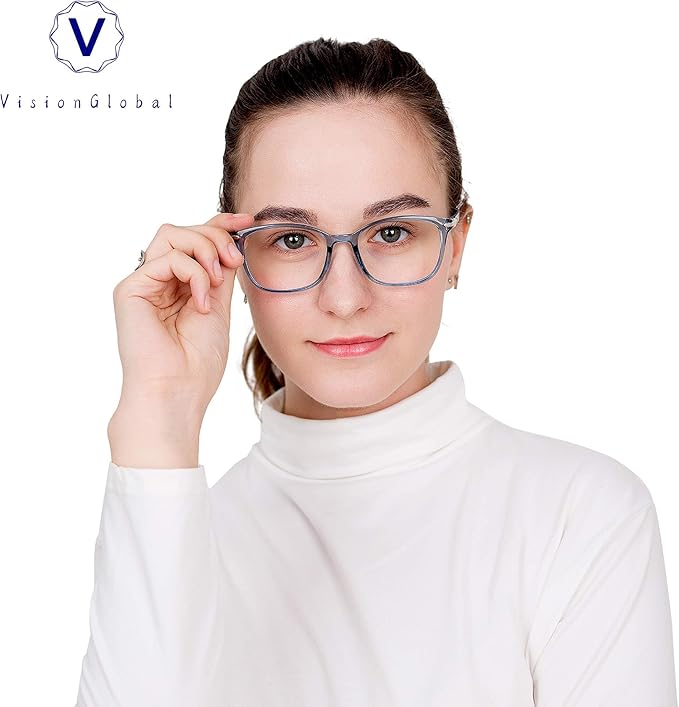 VisionGlobal Blue Light Blocking Glasses for Women/Men, Anti Eyestrain, Computer Reading, TV Glasses, Stylish Square Frame, Anti Glare(Clear Blue,No Magnification)