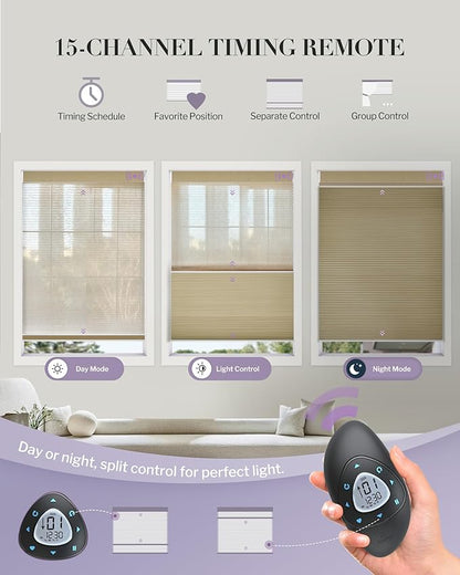 Graywind Motorized Day Night Cellular Shades with Remote, Smart Honeycomb Blinds Compatible with Alexa & Google Home, Custom Size Blackout/Privacy for Bedroom, Living Room & Home Office, Coffee