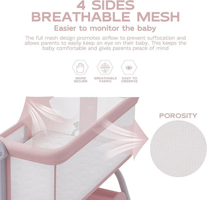 BabyBond Baby Bassinet, 3 in 1 Bassinet Bedside Sleeper with Washable Soft Mattress and Sheet, 6 Height Adjustable Bedside Crib, 4-Sided Mesh Bedside Bassinet for Baby