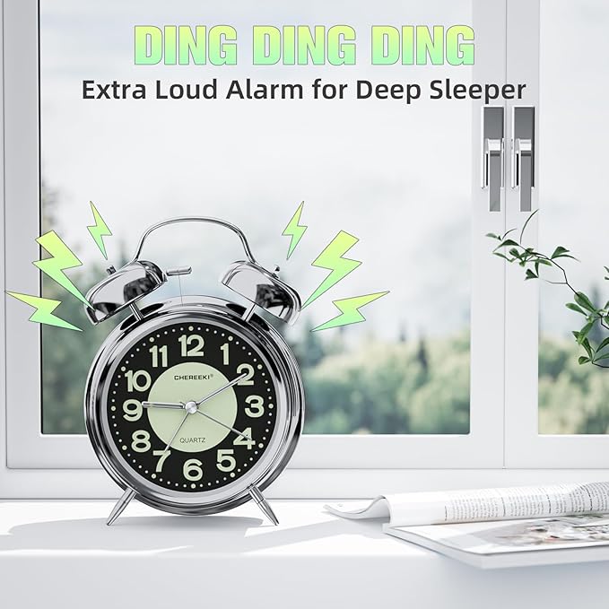 CHEREEKI Loud Alarm Clock for Heavy Sleepers Adults, Silent Non Ticking Analog Clock with Backlight, Luminous Dial, Battery Operated Alarm Clock for Bedroom, Included Battery, Silver