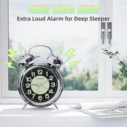 CHEREEKI Loud Alarm Clock for Heavy Sleepers Adults, Silent Non Ticking Analog Clock with Backlight, Luminous Dial, Battery Operated Alarm Clock for Bedroom, Included Battery, Silver