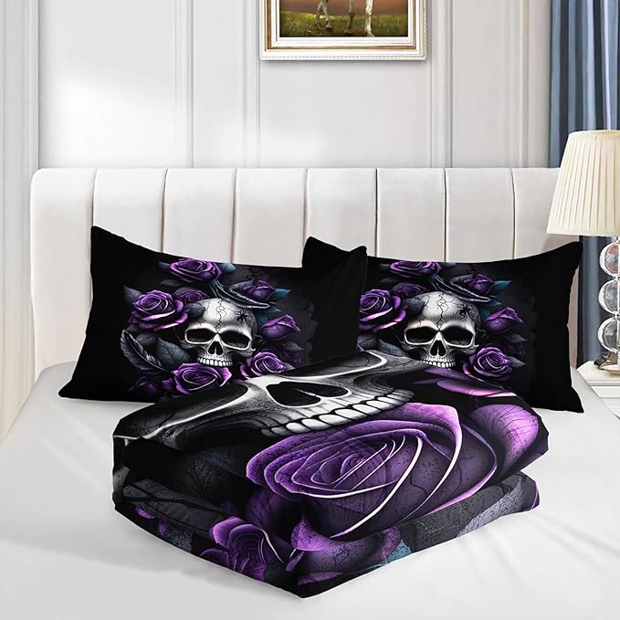 Death Skull Heads Twin Size Comforter Sets,Horror Themed Gothic Bedding for Kids Teens Boys Room Decor,Mysterious Floral Spider Western Comforter Sets with 2 Pillowcases.