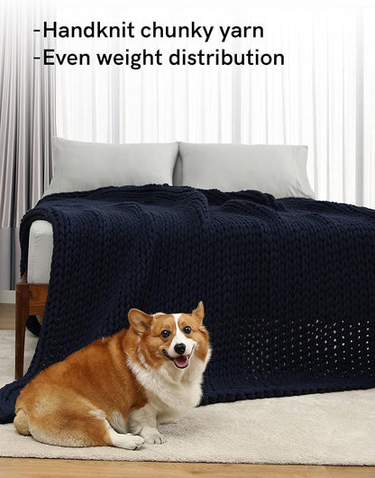 YnM 100% Cotton Weighted Blanket, Handmade Chunky Knitted Throw, No fillers Design, Soft and Breathable, Machine Washable Bed Blanket for Sleep or Home Decor (Navy Blue, 43x50 Inch, 10lbs)