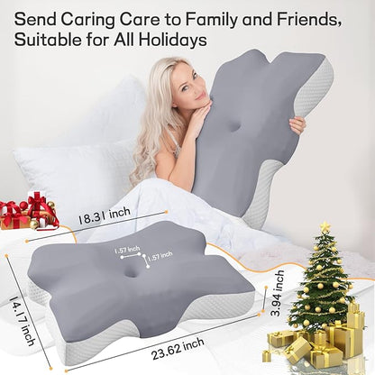 Cervical Neck Pillow for Pain Relief, Ergonomic Neck Support Pillow for Side Sleeper, Contour Memory Foam Pillows with Cooling Pillowcase Orthopedic Bed Pillow for Back Stomach Sleepers, Grey