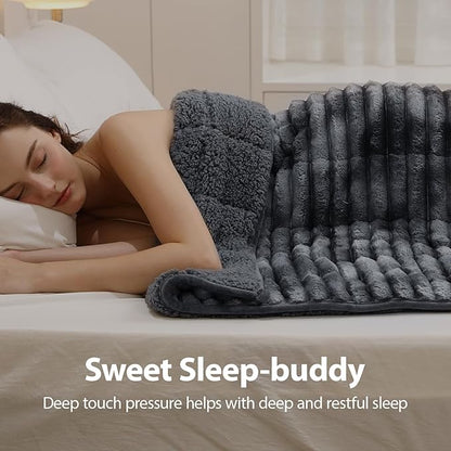 Sherpa Fleece Weighted Blanket with 3D Ribbed Stripes, 15 lbs Soft Flannel Heavy Throw Blanket for Couch Bed Sofa, Heavy Thick Blankets with Glass Beads, Great for Sleep, 48" x 72"