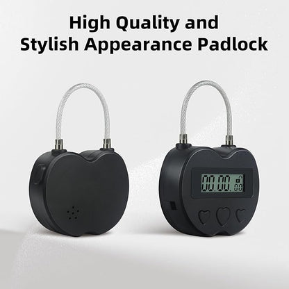 Heart Metal Timer Lock, USB Rechargeable Timer Compact Padlock with 1m Spring Cord, Up to 99 Hours Timed Self-Regulation Anti-Addiction Timer Padlock (Black)