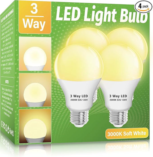 3 Way LED Light Bulbs 4 Pack, 3 Way Light Bulbs 30 70 100 Soft White 3000K,E26 Medium Base A19 Three Way Light Bulb, Indoor 3way Bulb for Reading