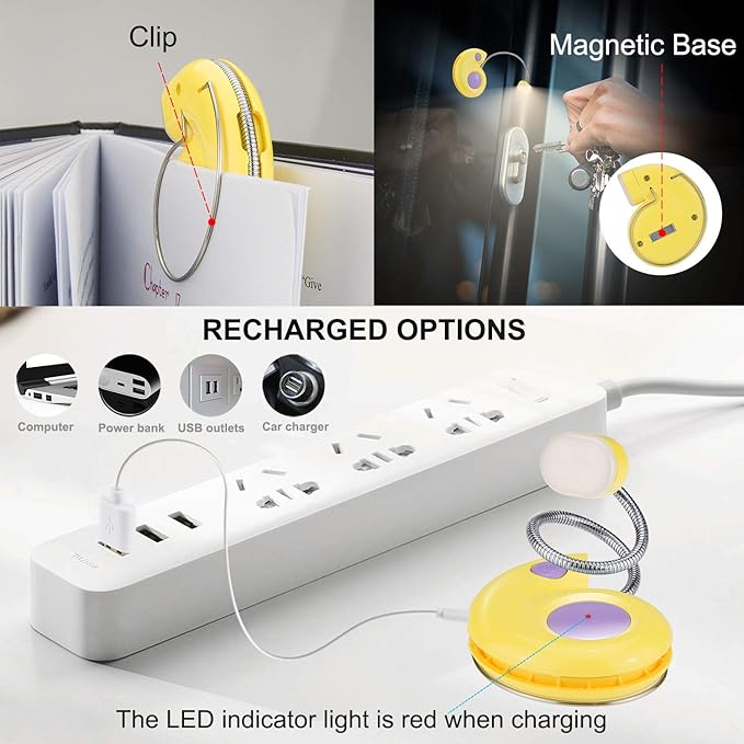 Kids Rechargeable Book Light, Clip on Reading Light for Kid, Kids Reading Lights, Amber Book Light for Reading in Bed, 2 Lighting Modes, Blue Light Blocking, Bookmark Light for Bookworms-Yellow