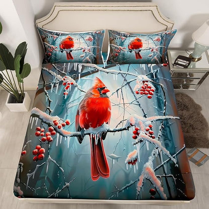 Cardinal Kids Fitted Sheet Queen Size,Snowflake Dead Branch Bedding Set,Boys Girls Room Decor,Red Sparrow Rustic Bird Farm Animal Bed Cover,Red Grey Bed Sheet,2 Pillowcases