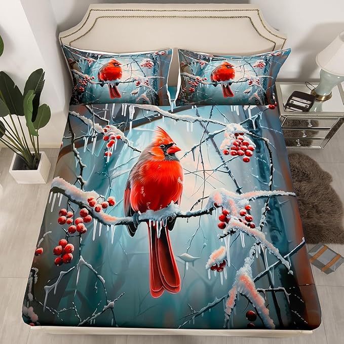 Cardinal Kids Fitted Sheet Full Size,Snowflake Dead Branch Bedding Set,Boys Girls Room Decor,Red Sparrow Rustic Bird Farm Animal Bed Cover,Red Grey Bed Sheet,2 Pillowcases