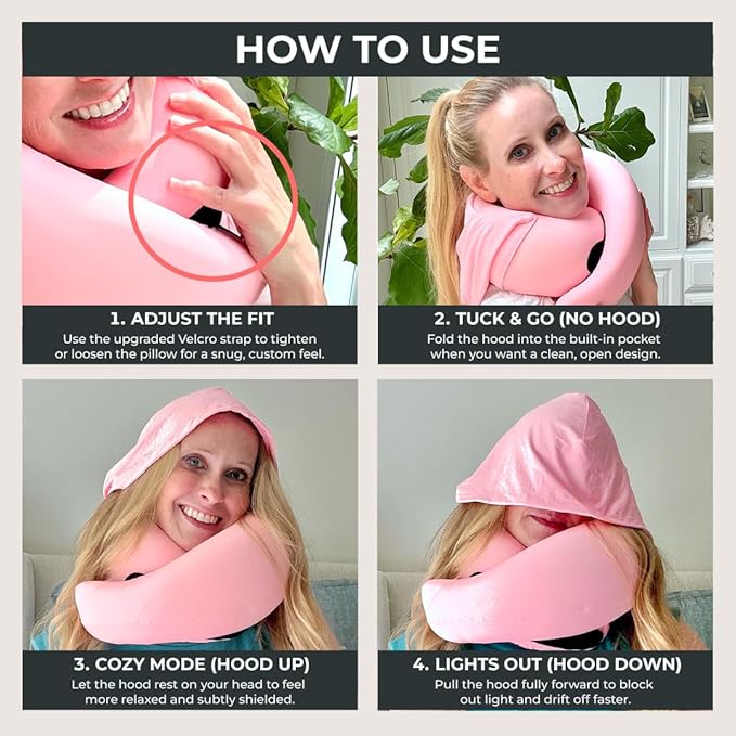FlyHugz® 2.0 Hooded Travel Pillow – 2026 Original Release – Memory Foam Neck Pillow with Adjustable Hood & Premium Elastic Washable Cover – First Class Comfort for Flights, Road Trips & Sleep- Pink