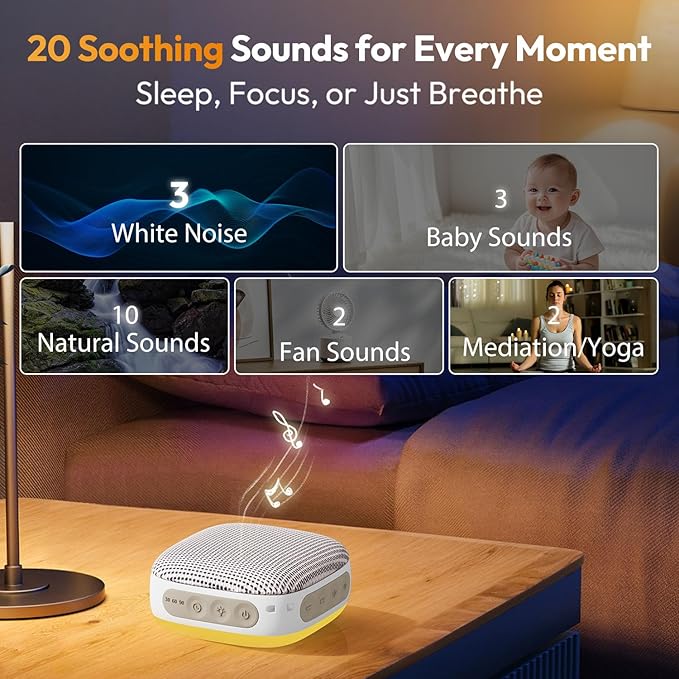 White Noise Sound Machine for Sleeping Adults – with Amber Breathing Night Light, Headphone Jack, 20 Non-Looping Sounds, 52-Hour Battery, Timer & Memory (Khaki)