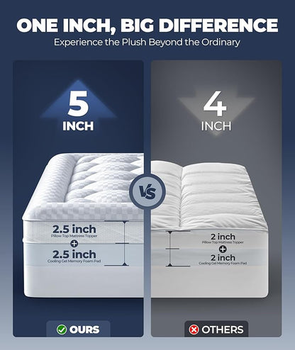 5 Inch Mega Support Memory Foam Twin Mattress Topper for Pressure Relief, Dual Layer 2.5" Pillow Top Mattress Topper Twin Plus 2.5" Cooling Gel Infused Memory Foam Mattress Pad