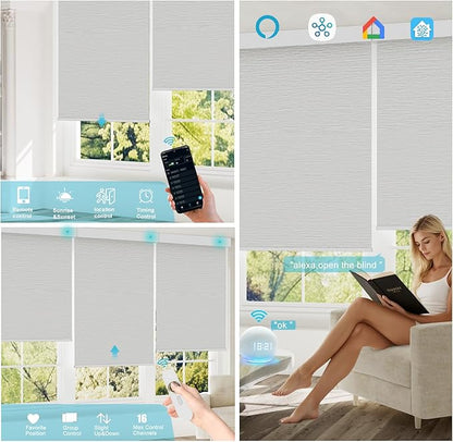 Motorized Blinds with Remote, Smart Blind Roller Shades Compatible with Alexa, Durable Rechargeable Battery Solar Power Electric Window Blinds Motorized Shades Customized Size (Luxury-Beige)