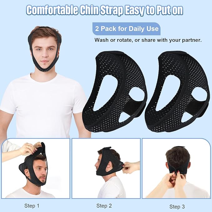 Anti-Snoring Chin Strap for Sleeping (2Pcs), Breathable & Adjustable Snore Stopper, Comfortable Snoring Solution Effective Anti Snore Device for Men Women, Sleep Aid for Reduce Snoring, Black