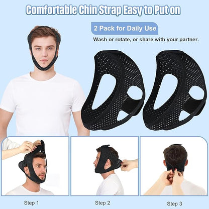 Anti-Snoring Chin Strap for Sleeping (2Pcs), Breathable & Adjustable Snore Stopper, Comfortable Snoring Solution Effective Anti Snore Device for Men Women, Sleep Aid for Reduce Snoring, Black