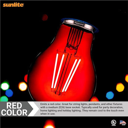 Sunlite 40943 LED Colored Filament A19 Light Bulb, 4.5 Watts, Medium E26 Base, 120 Volts, Transparent Red, Dimmable, 320 Degree Beam Angle, UL Listed, 6 Count