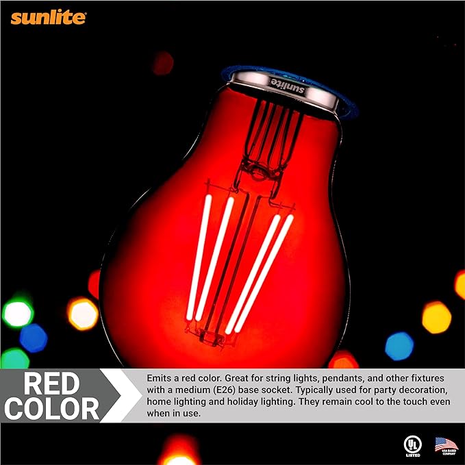 Sunlite 81082 LED Colored Filament A19 Light Bulb, 4.5 Watts, Medium E26 Base, 120 Volts, Transparent Red, Dimmable, 320 Degree Beam Angle, UL Listed, 2 Count