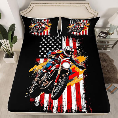 Cool Motorcycle Bedding Set Twin Size American Flag Racing Car Bed Set for Teens Bedroom Decor Kids Sheet Microfiber Extreme Sport Dirt Bike Bed Cover(1 Fitted Sheet+1 Pillow Case)