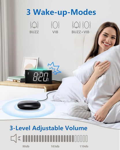 Vibrating Alarm Clock with Bed Shaker for Heavy Sleepers, Beside Clock with Night Light for Bedrooms, 2 USB Chargers,Large LED Display with Dimmer,Snooze 12/24H DST, Battery Backup