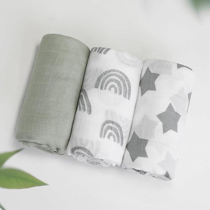 GLLQUEN BABY Receiving Blanket Boy Cotton Muslin Swaddle Blankets Girl Newborn Squares Breathable & Soft Thin Baby Blankets Cloths Double Absorbent Infant Swaddling Wrap - 3 Pack (Star)