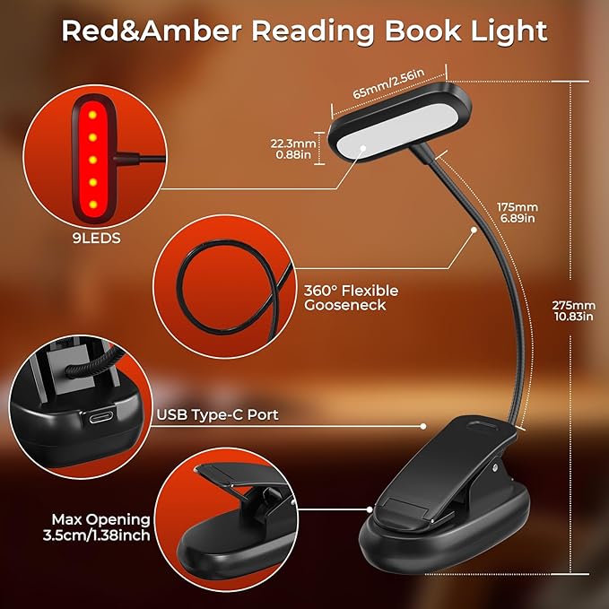 670nm Red Book Light, Rechargeable Dimmable Blue Light Blocking Reading Lamp with Amber and Red Lighting for Kids Reading at Night in Bed, 1000mAh USB-C Charge
