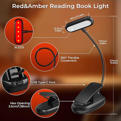 670nm Red Book Light, Rechargeable Dimmable Blue Light Blocking Reading Lamp with Amber and Red Lighting for Kids Reading at Night in Bed, 1000mAh USB-C Charge
