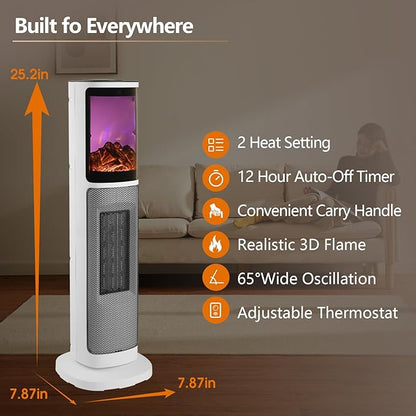 750W/1500W Ceramic Tower Space Heater with 3D Flame, Electric Heater with 65° Oscillation, Adjustable Thermostat and Remote Control, 12H Timer, Overheat Protection for Bedroom Office