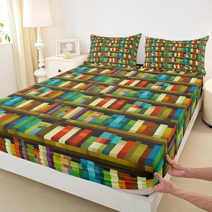 Pixel Video Game Boys Girls Bed Sheets,Bookshelf Pixelated Bookcase Room Decor,Gaming Geometric Grid Kids Twin Size Fitted Sheet,Colorful Bedding Set,1 Pillowcase(No Flat)