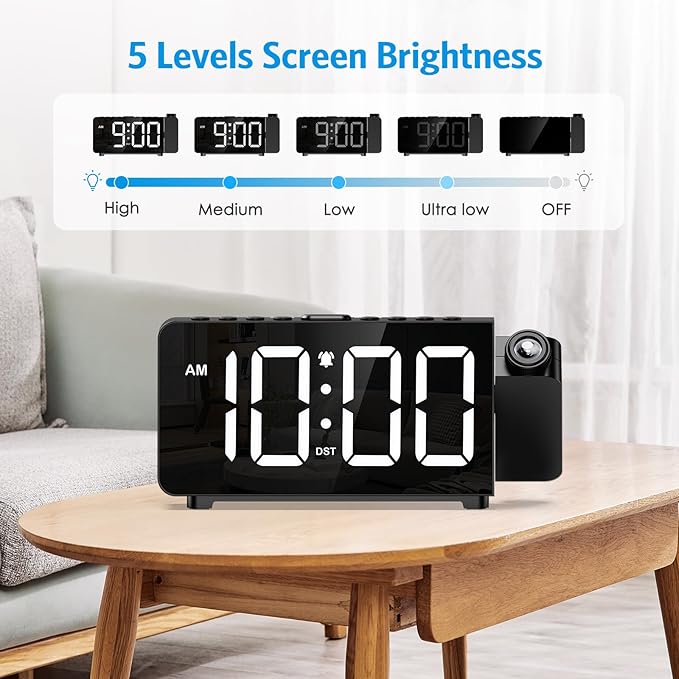 Digital Projection Alarm Clock for Bedroom Ceiling-Alarm Clocks with 180°Projector, 5 Level Brightness, DST, Snooze, Night Mode, Loud Alarms for Kids,Heavy Sleepers, 12/24H, for Bedroom