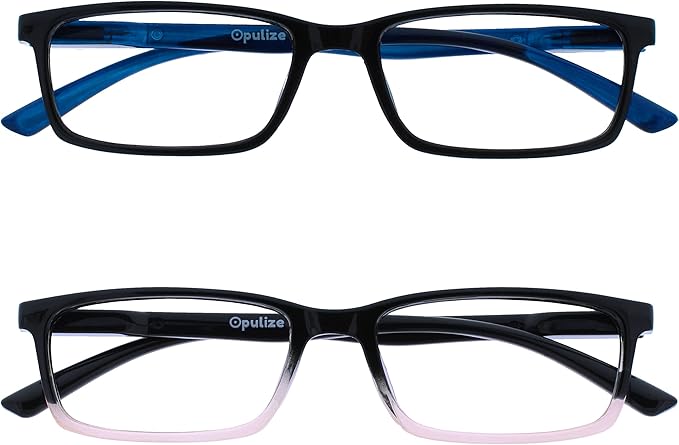 OPULIZE SEE Reading Glasses with Blue Light Blocking for Women and Men, Narrow Frame, Spring Hinges, Computer Gaming Glasses, Black,Black to Pink +2 (Pack of 2)