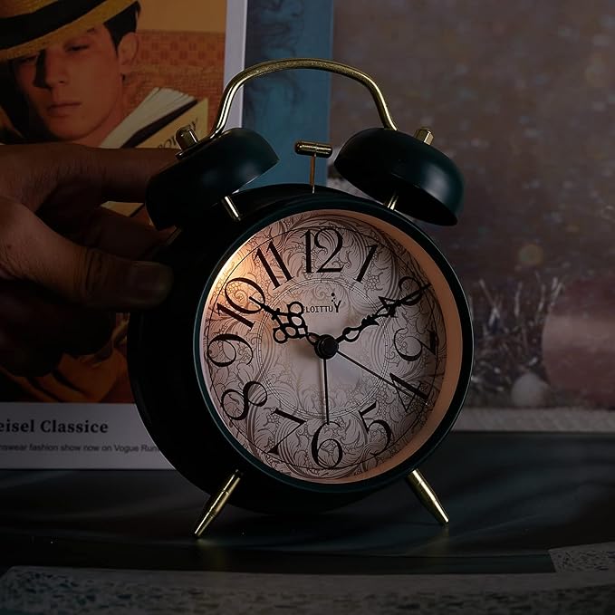 Loud Alarm for Deep Sleepers 4'' Retro & Fashionable Twin Bell Alarm Clock with Backlight for Bedroom and Home Decoration(Deep Emerald)