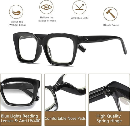 Readers for Women Oprah Style Square Reading Glasses with Spring Hinge Blue Light Blocking for Men Ladies