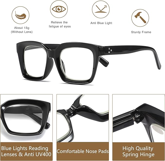 Readers for Women Oprah Style Square Reading Glasses with Spring Hinge Blue Light Blocking for Men Ladies