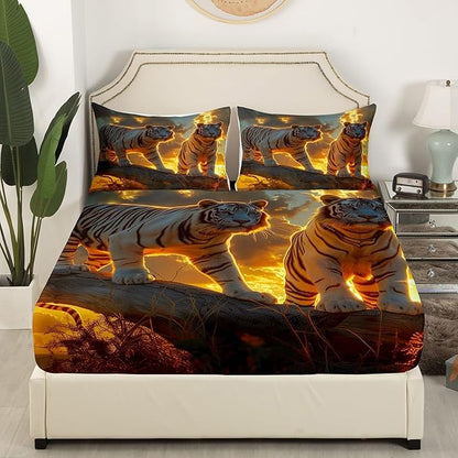 Tiger Kids Fitted Sheet Full Size,Wild Animals Rustic Farmhouse Tiger Fur Bedding Set,Boys Girls Room Decor,Sunset Hunting Adventure Bed Cover,Brown Country Bed Sheet,2 Pillowcases