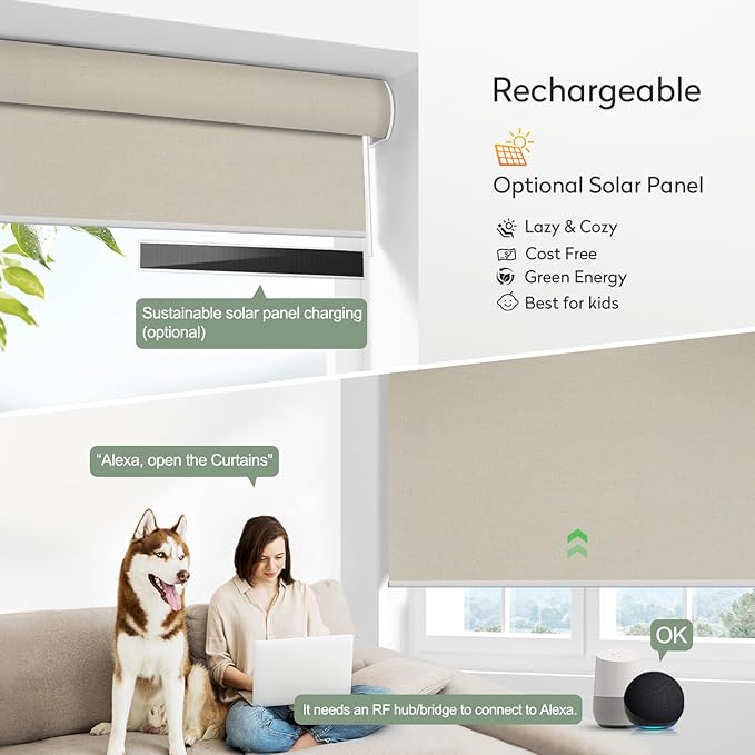 ZSHINE Motorized Blackout Window Blinds Over-Size Customize Width (21-114 Inches) Remote Control Wireless and Rechargeable Motor Roller Shades Blinds for Windows(Light Coffee 82026C)