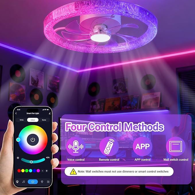 Ceiling Fans with Lights and Remote, 20" RGB Ceiling Fan with Voice/APP Control, 2 in 1 RGB+CCT Dimmable Flush Mount Smart Bluetooth Abanico De Techo for Bedroom, Kids Room and Living Room