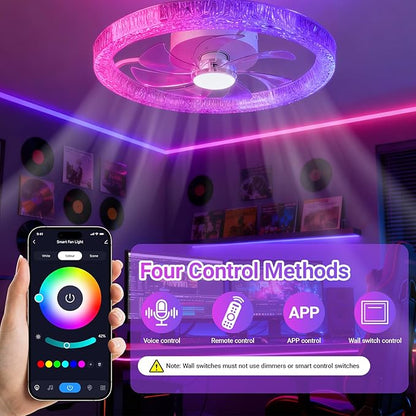 Ceiling Fans with Lights and Remote, 20" RGB Ceiling Fan with Voice/APP Control, 2 in 1 RGB+CCT Dimmable Flush Mount Smart Bluetooth Abanico De Techo for Bedroom, Kids Room and Living Room