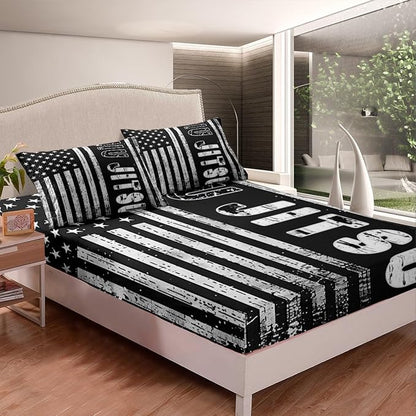 Manfei Jiujitsu Fitted Sheet Twin Size, American Flag Print Bedding Set 2pcs, Japanese Judo Sports Theme Bed Cover with 1 Pillowcase, Kids Boys Teens Room Decor, Soft Bedding(No Top Sheet)